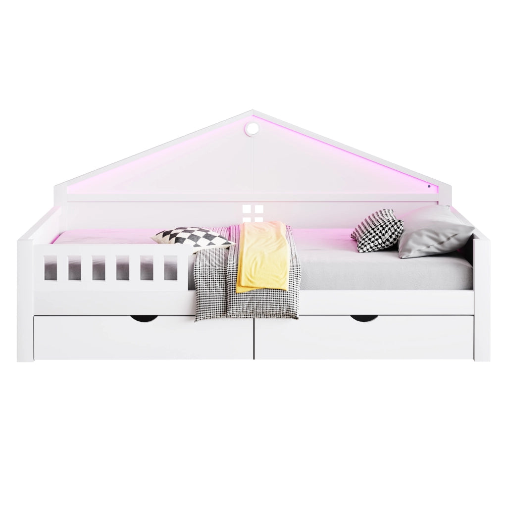 Letto multifunzione 90x200 cm con LED, 2 cassetti e struttura robusta