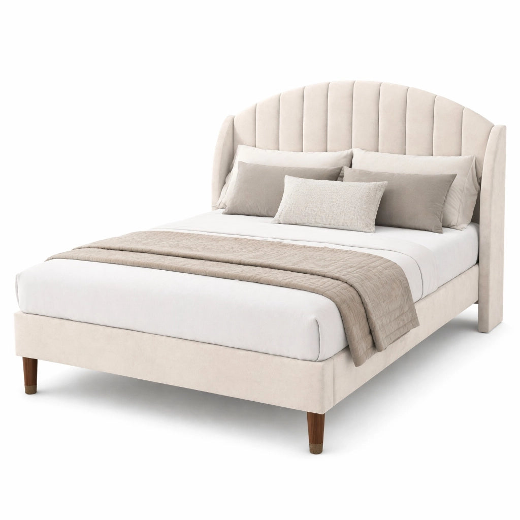 Letto imbottito 140x200 cm in velluto beige con rete a doghe e testiera alta