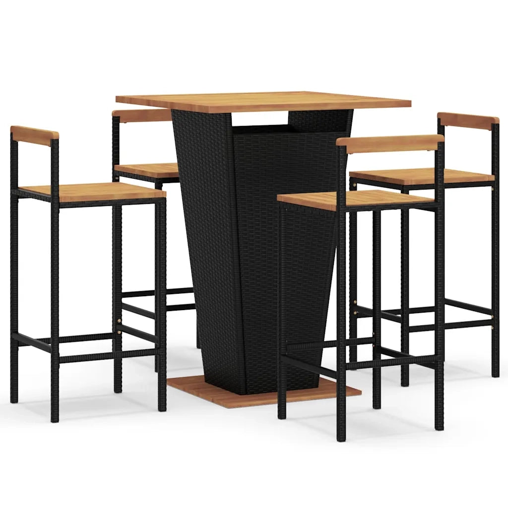 Set Bar Giardino 5 pz Nero Polyrattan e Legno Massello Acaciacod mxl 126412