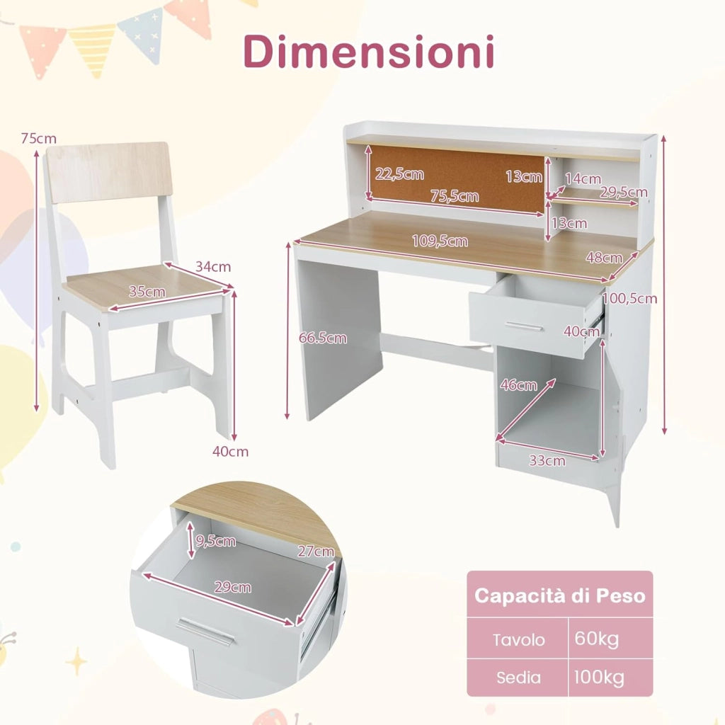 Set Scrivania e Sedia per Bambini 3+ Anni, Tavolo da Scrittura in Legno con Mensole, Cassetto e Bacheca in Sughero, Tavolo e Sedia per Disegno e Studio (Naturale)
