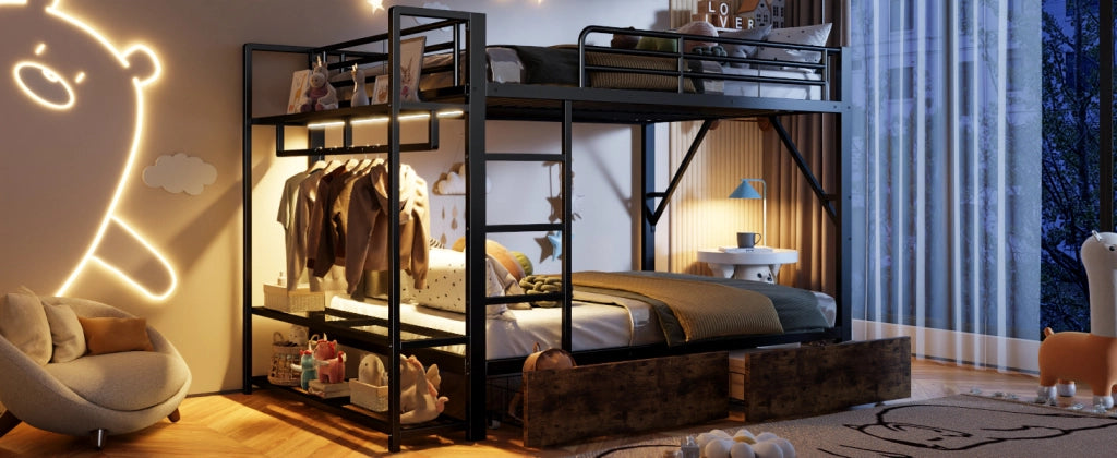 Letto a castello 140 × 200 cm con struttura in metallo e MDF nero due cassetti ripiani luce LED e stendino