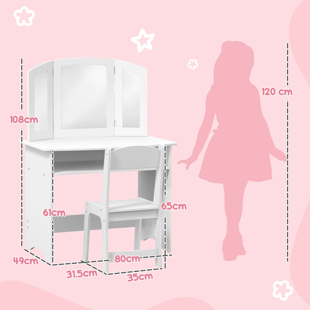 Set da Trucco per Bambini con Tavolo Toeletta con Specchio Triplo Rimovibile e Sedia in Legno Bianco