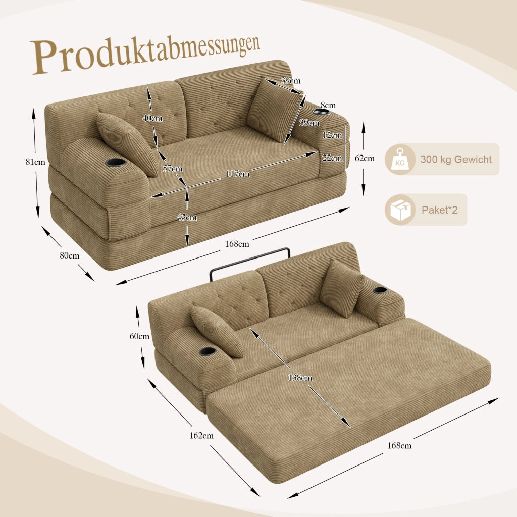 Divano letto 2 posti con schienale alto, tasche laterali e portabicchieri in velluto a coste khaki 168 × 80 × 81 cm