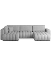 Divano ad angolo BONITA convertibile 6 posti grigio chiaro tessuto chenille – lato destro – 350x175cm
