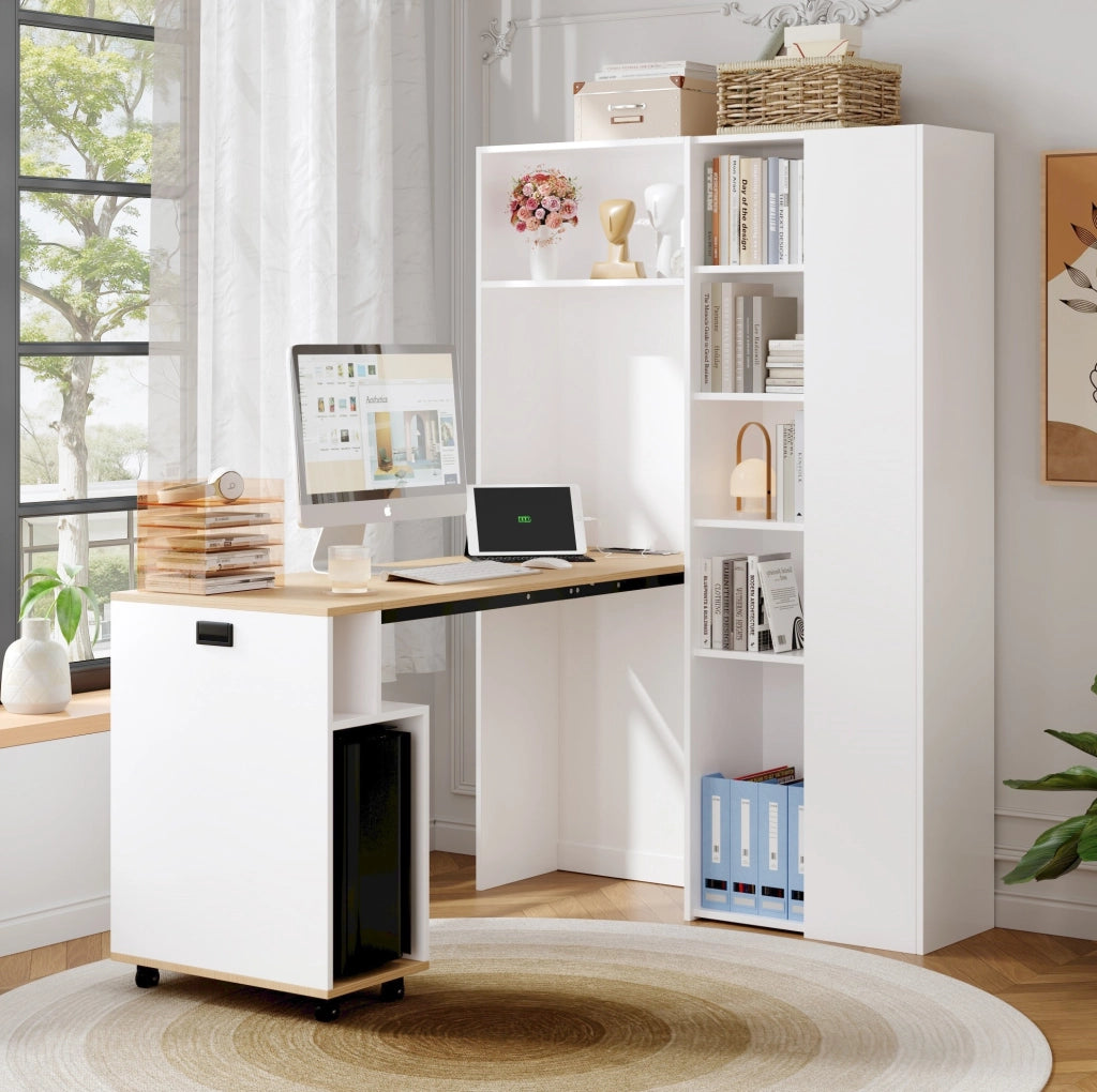 Scrivania pieghevole 2 in 1 con libreria; presa EU e USB; 104;5x30;5x160 cm; bianco rovere