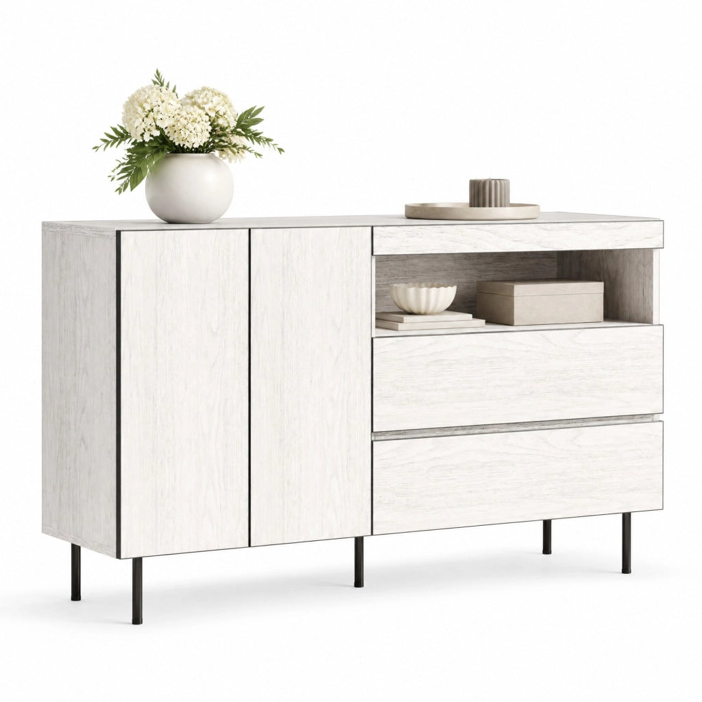 Credenza 140x42x77 cm bianca， 2 ante， 2 cassetti， vano aperto