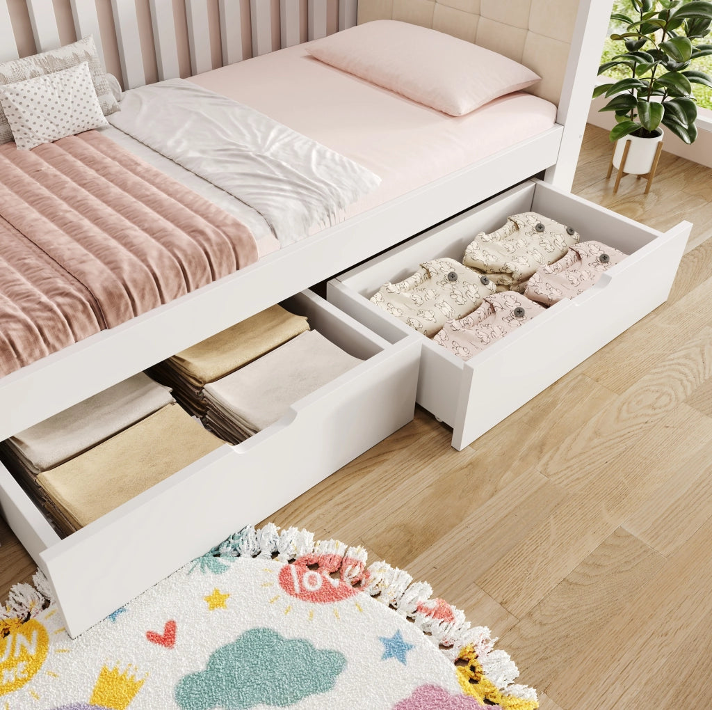 Letto singolo in legno con 2 cassetti e schienale imbottito, bianco 90x200 cm
