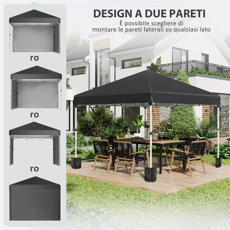 GAZEBO DA GIARDINO PIEGHEVOLE AD ALTEZZA REGOLABILE CON 2 PARETI E BORSA INCLUSA, 297X297X274 CM, NERO