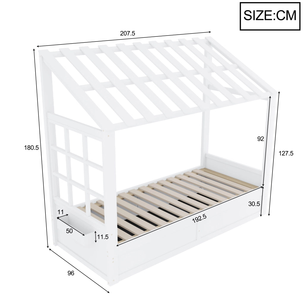 Letto per bambini 90 x 200 cm con contenitore idraulico e vani laterali; bianco