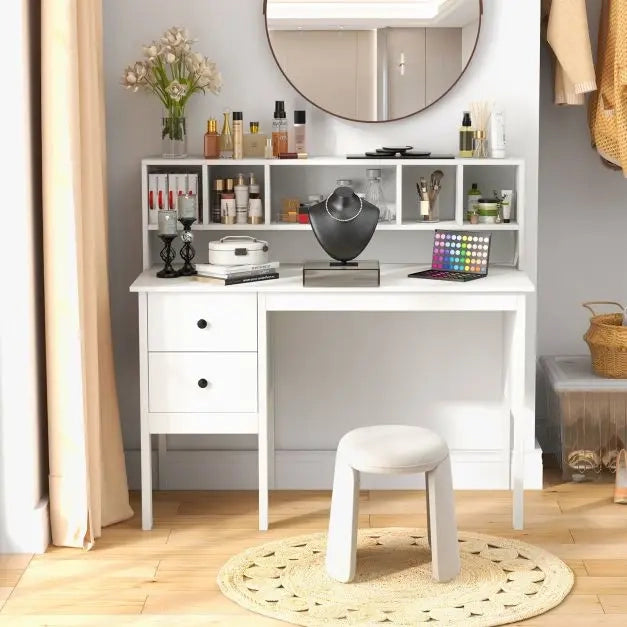 Scrivania Porta PC 120 cm con Libreria a 5 Scomparti e 2 Cassetti Bianco per Casa e Ufficio