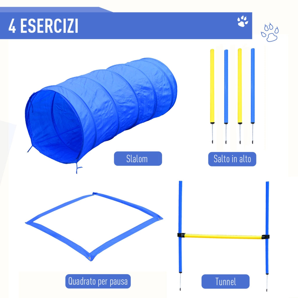 EasyComfort Set Agility Dog per Addestramento Cani con Tunnel, Slalom e Ostacolo, Sacca di Trasporto, Giallo e Blu