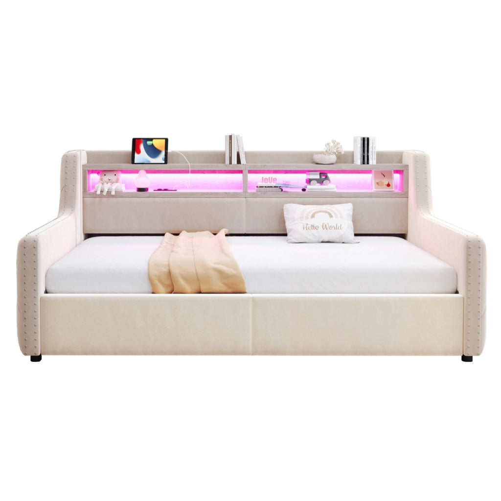 Divano letto imbottito beige 90 x 200 cm con vano contenitore e LED