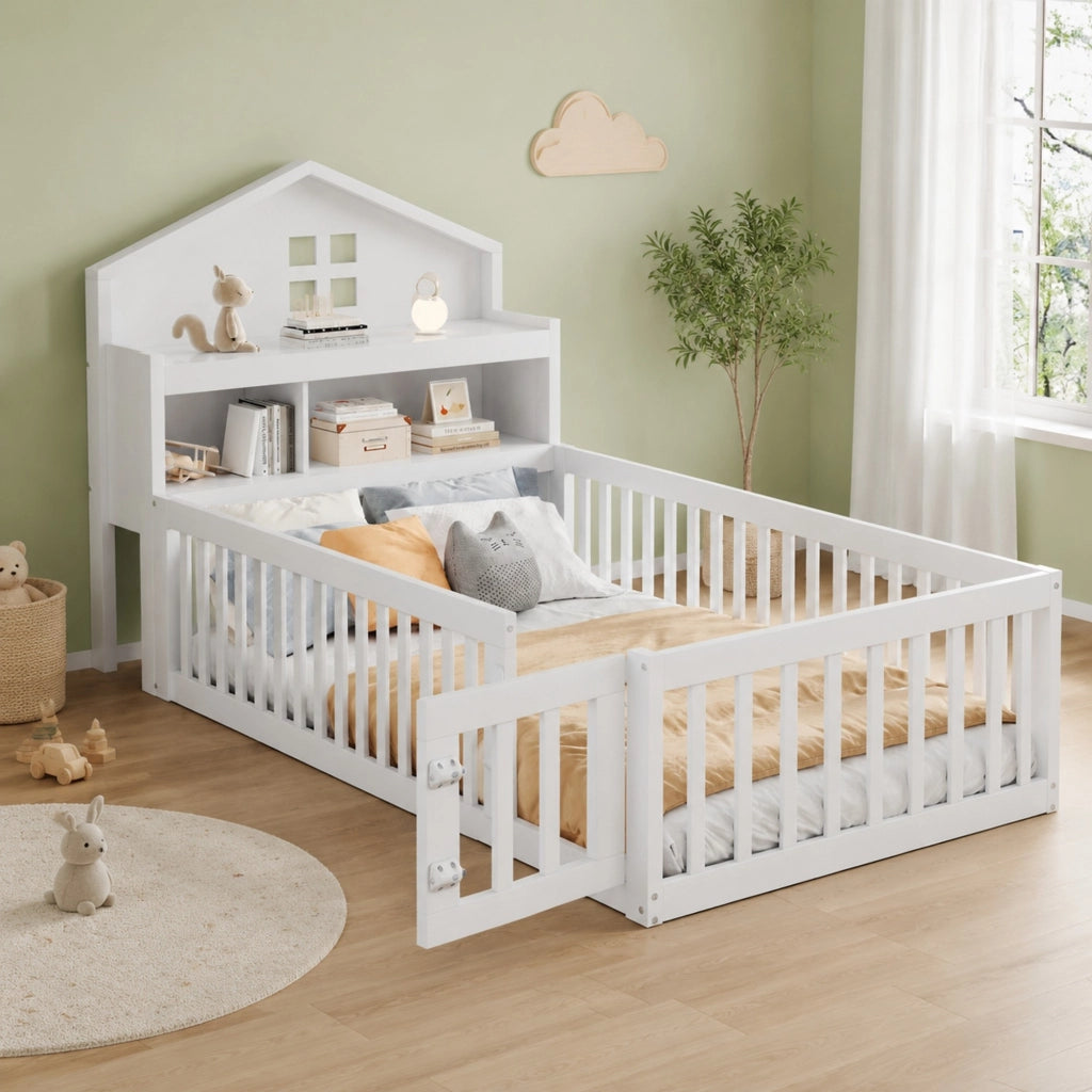 Letto per bambini a casetta 90x200 cm in legno massello bianco con contenitori; lavagna e rete a doghe