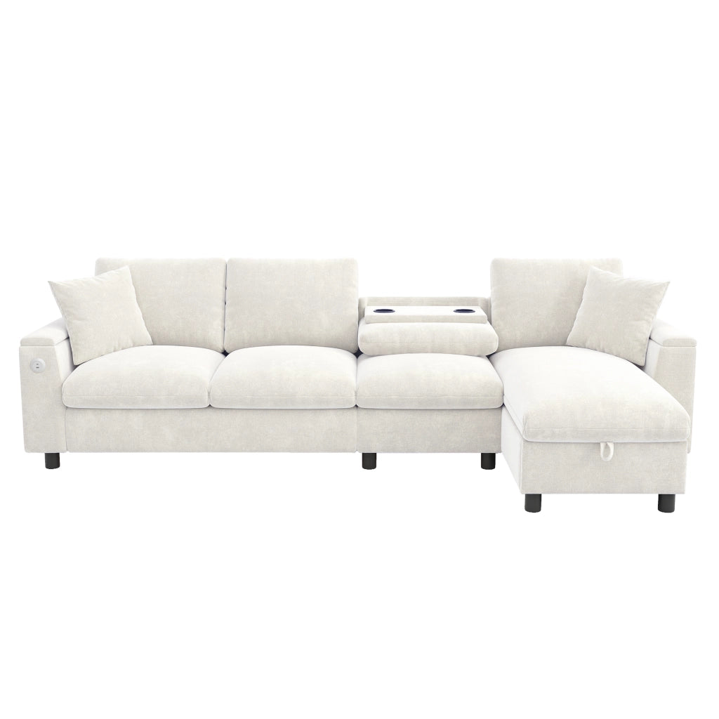 Divano angolare reversibile convertibile con vano contenitore, tavolino ribaltabile, tessuto Chenille Beige