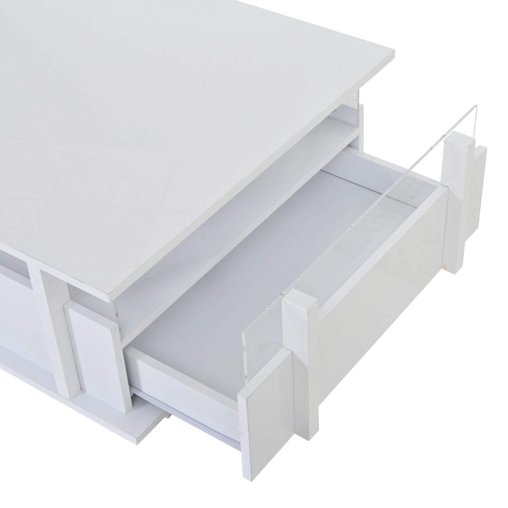 Tavolino da caffè quadrato 70x70x35 cm con 2 cassetti; LED e finitura lucida bianca