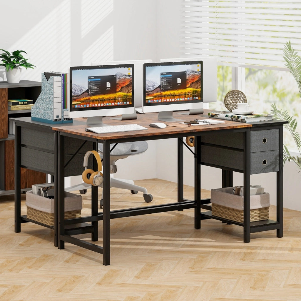 Scrivania multiuso per ufficio da 140cm, Postazione di lavoro con 2 cassetti gancio e ripiano Marrone Rustico e Nero