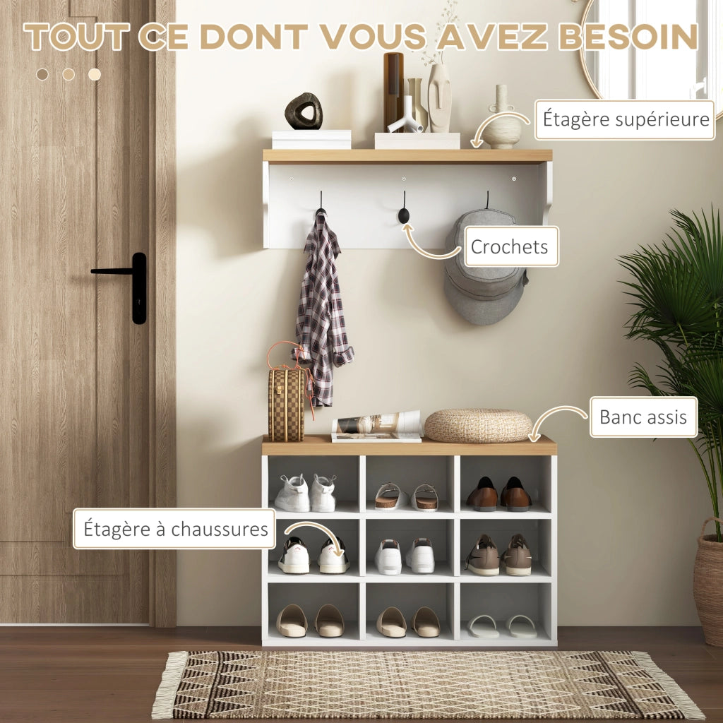 Mobile ingresso 2-in-1 appendiabiti muro panca scarpe ¨C zephmum ¨C bianco rovere 75x30x50 cm