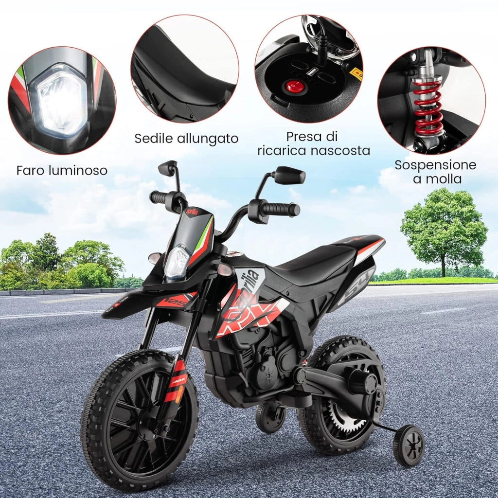 12V Aprilia Moto Cavalcabile per Bambini, Motocicletta Elettrica con Ruote Ausiliarie e Musica Wireless, Sospensione a Molla, Moto Elettrica alla Moda per Bambini 3-8 Anni (Rosso)
