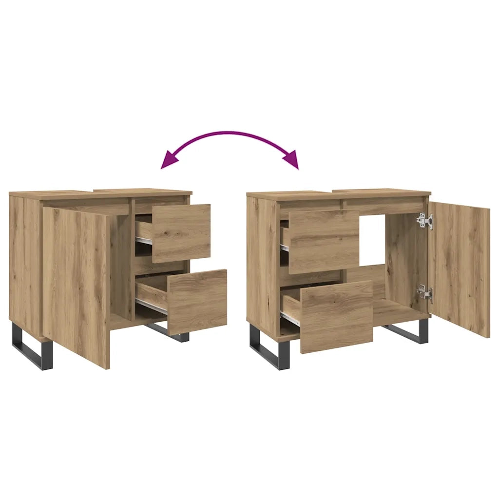 Mobiletto sottolavabo salvaspazio in stile industriale 65 x 33 x 60 cm finitura opaca legno di rovere ingegnerizzato realizzato artigianalmente 02_0051110