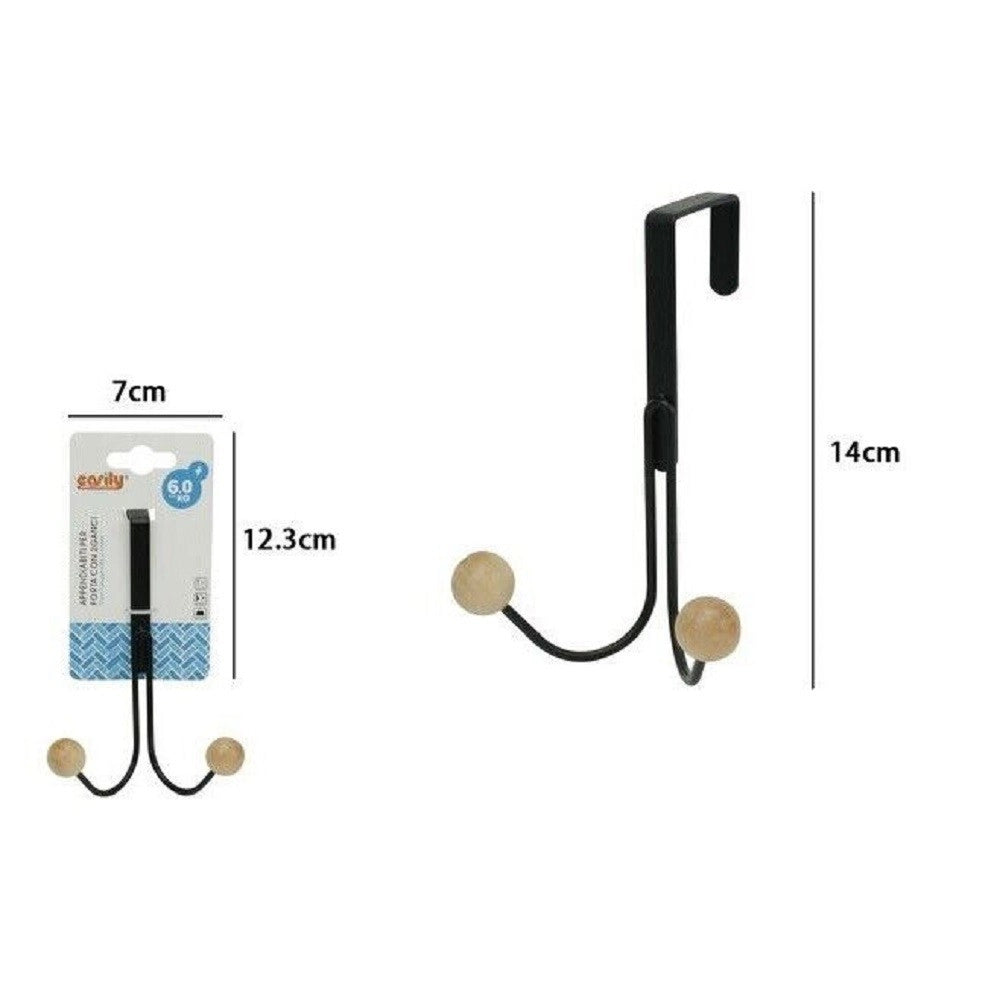 Trade Shop - Appendiabiti Appendino Da Porta Metallo Nero Palline Legno 2 Ganci Posti 79557 -