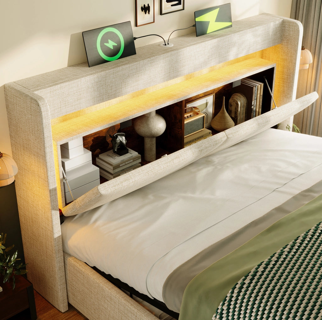 Letto imbottito 180x200 cm in lino beige con contenitore idraulico; LED; USB e USB-C