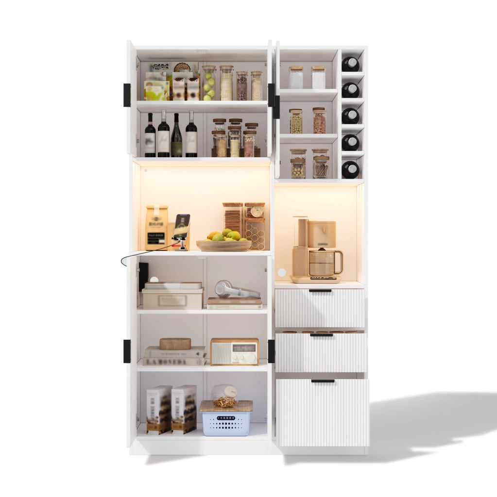 Credenza da cucina moderna 180x105x40 cm in MDF bianco con LED multicolore; prese e portabottiglie