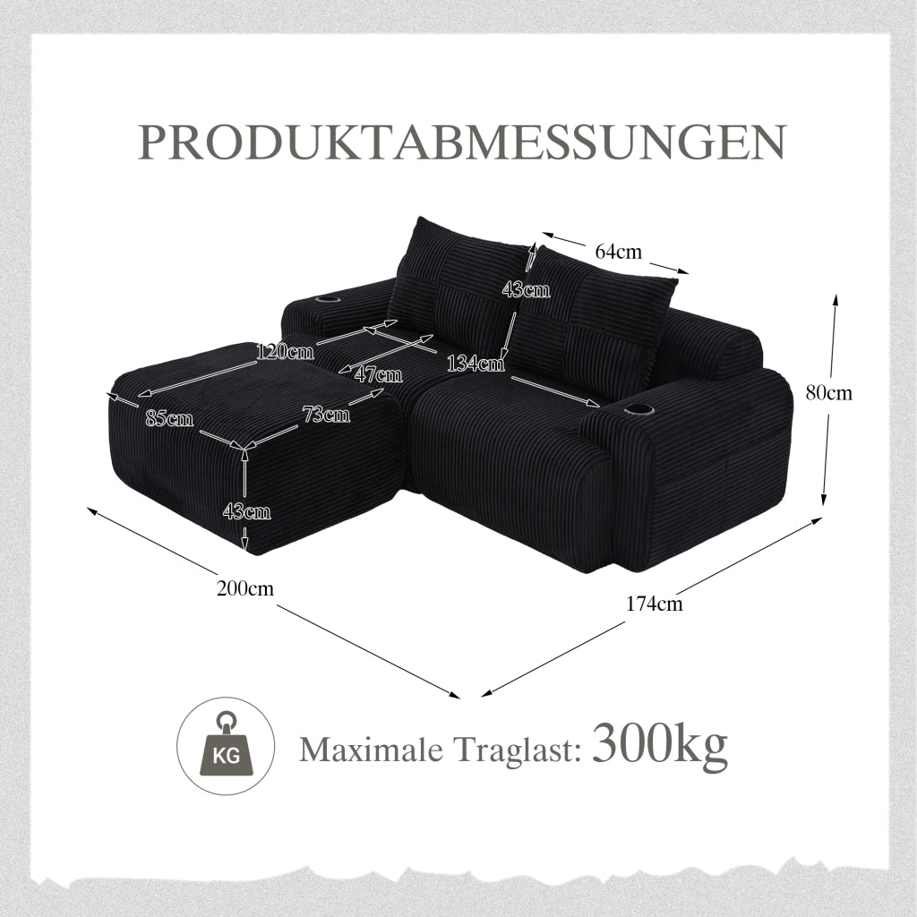 Divano modulare 2 posti con pouf, portabicchieri e tasca laterale in tessuto corduroy nero 200 × 174 × 80 cm