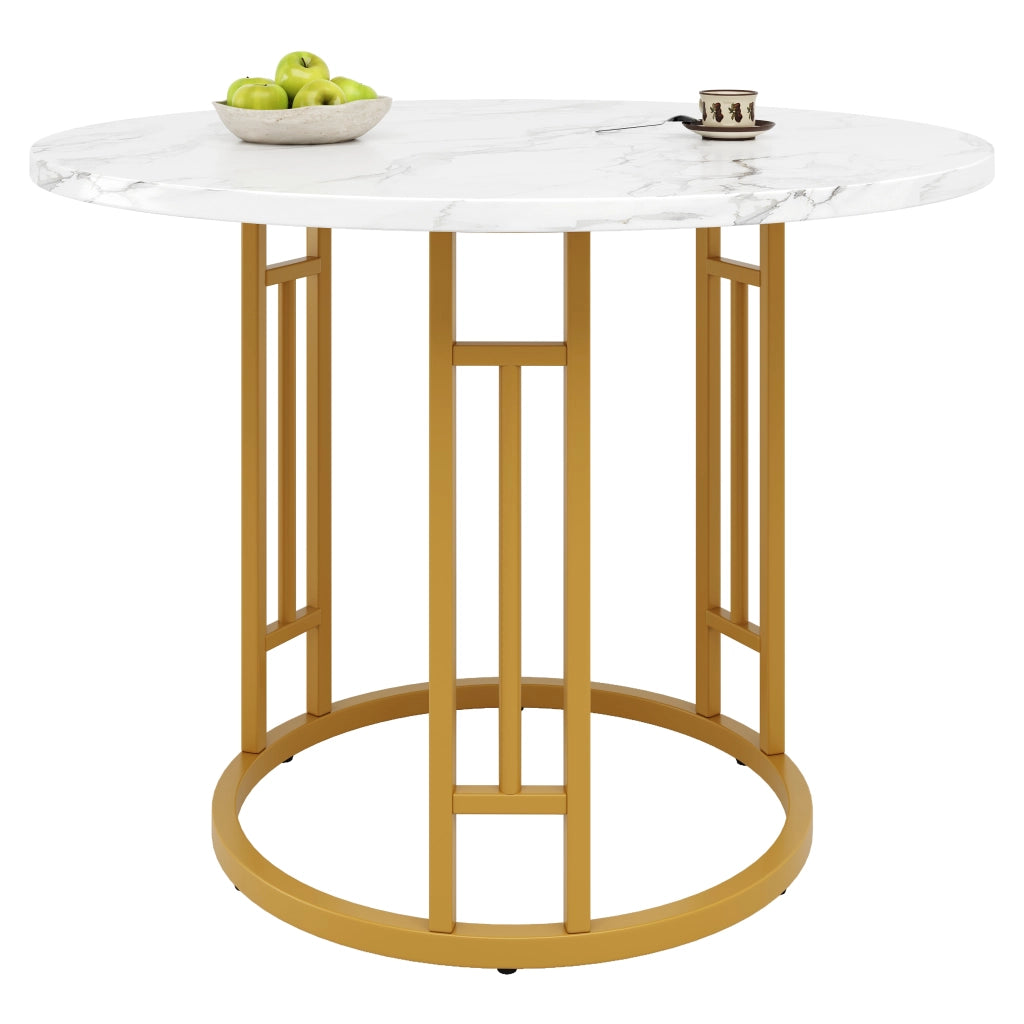 Tavolo da Pranzo Rotondo ¨C Xylo ¨C Piano MDF Effetto Marmo, Gambe in Metallo Oro, 80x80x76cm