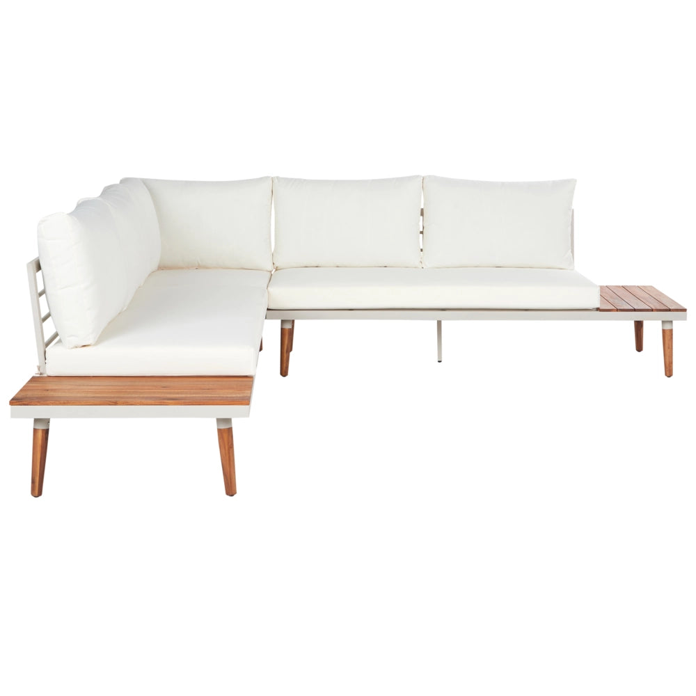 Set da giardino con divano angolare a 5 posti tavolino in legno d'acacia e cuscini bianco sporco esterno stile moderno