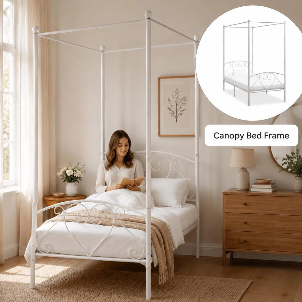 Canopy Bed Frame, White Metal, 120 X 200 Cm