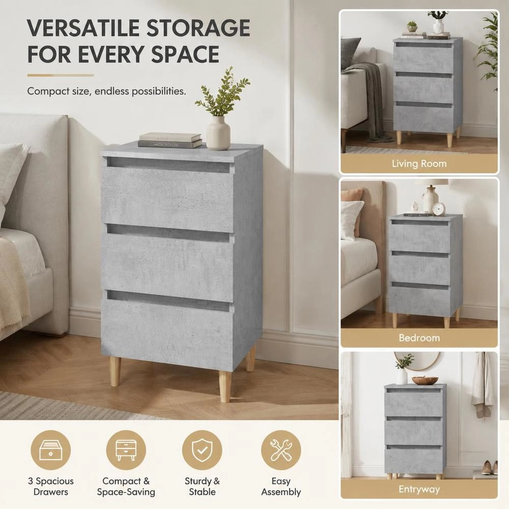 Nightstand With Solid Wood Legs, Concrete Grey, 40x35x69 Cm