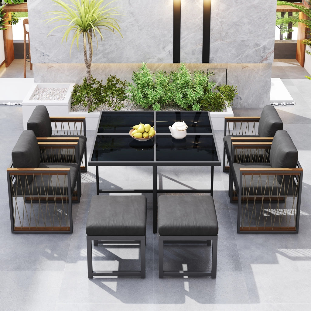 Set Tavolo e Sedie da Giardino 7 Pezzi per 6 Persone ¨C MINIMAL ¨C Piano in Vetro, Polyrattan e Legno