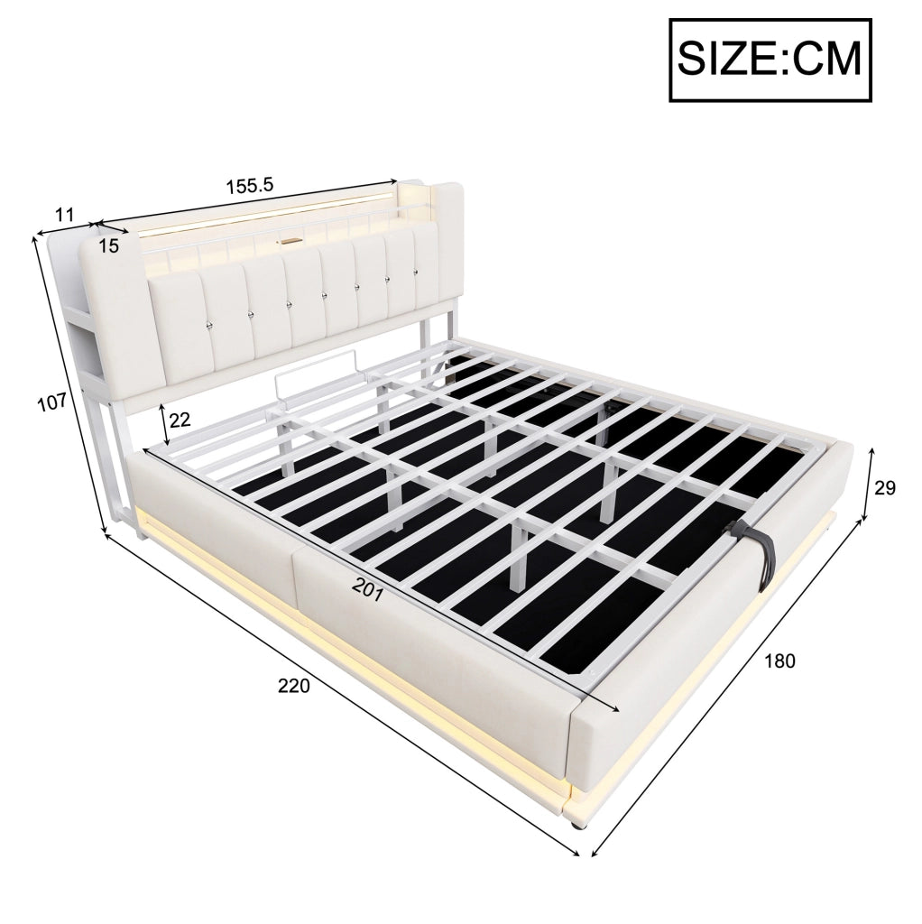 Letto imbottito 180x200 cm beige con LED, USB e contenitore