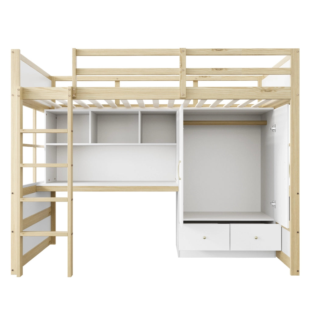 Letto a soppalco 90x200 cm in legno naturale con scrivania; armadio e cassetti