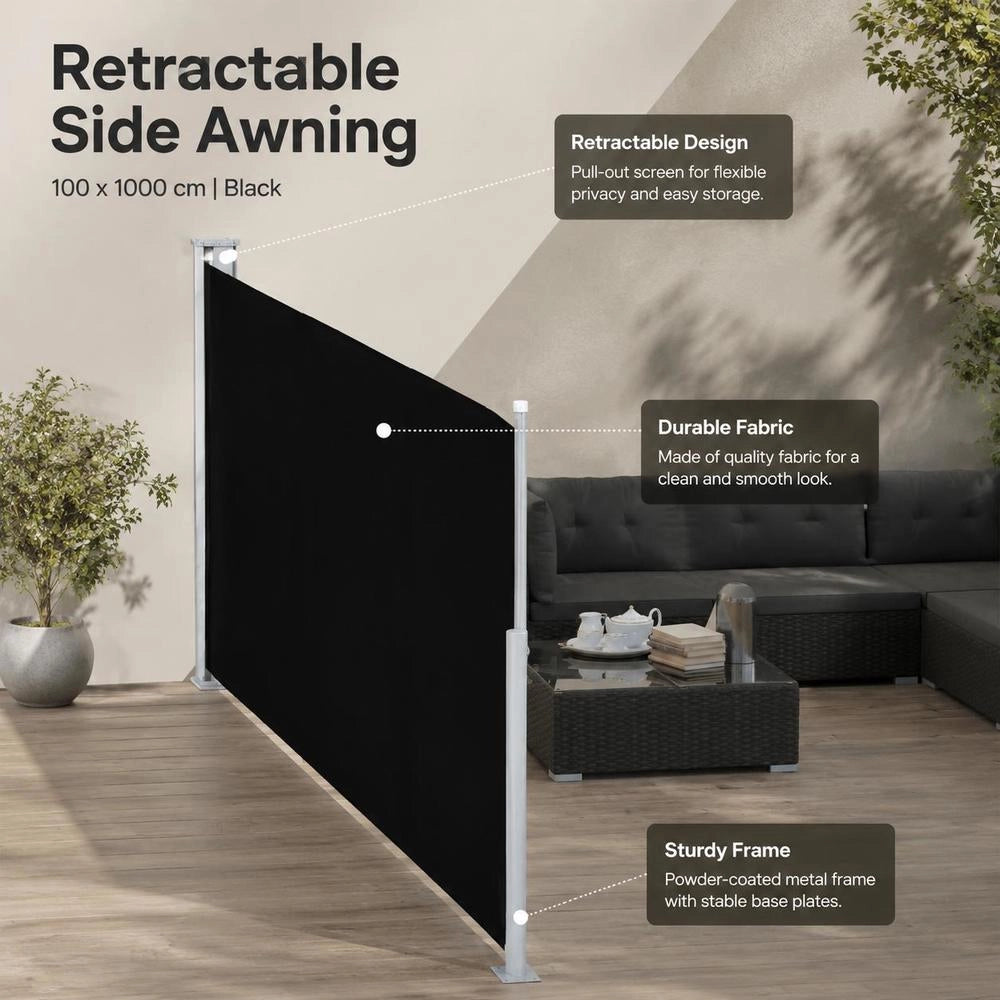 Extendable Side Awning, Black, 100 X 1000 Cm