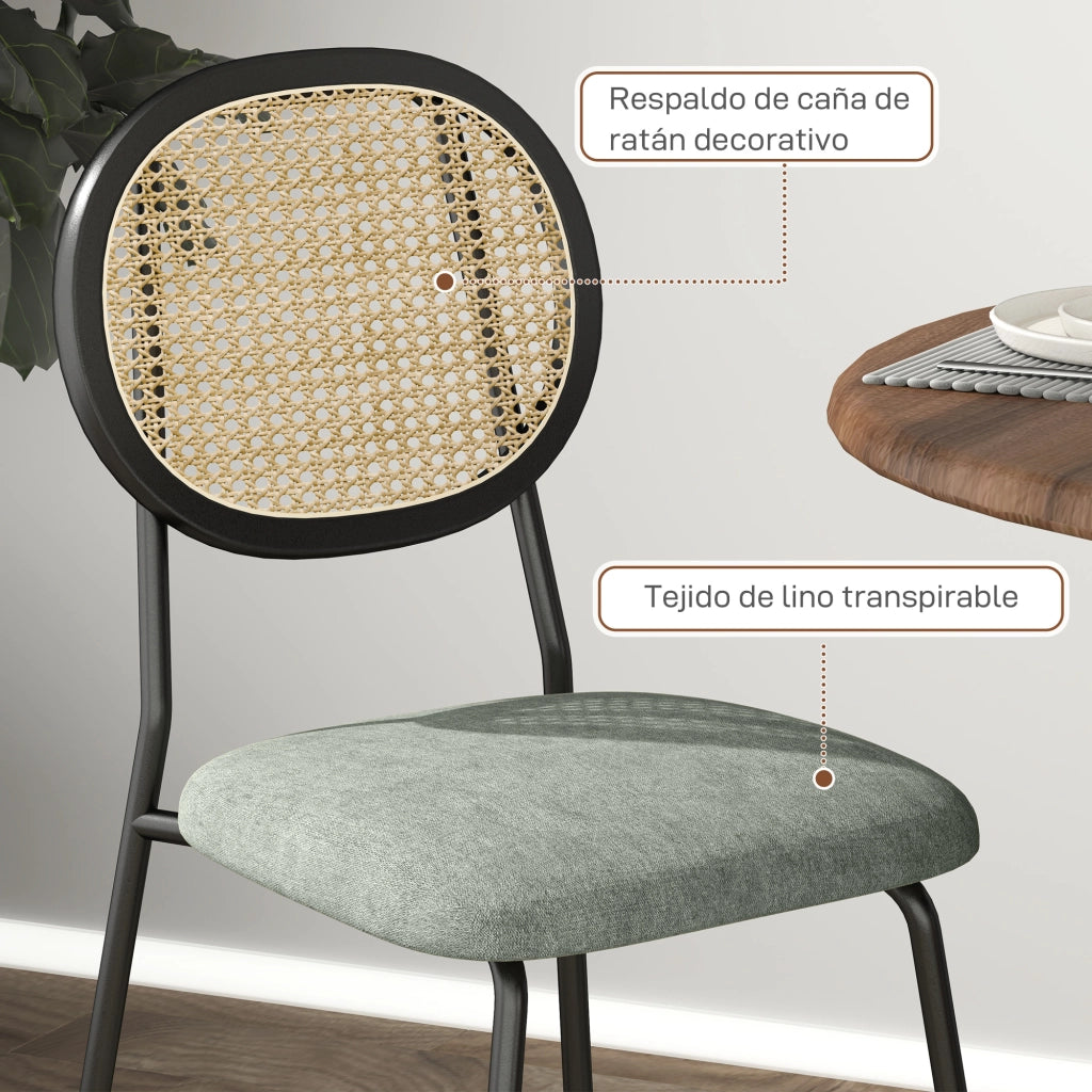 Set 2 Sedie da Pranzo con Schienale in Rattan Sintetico e Struttura in Metallo ¨C Xylo ¨C Verde Scuro e Nero
