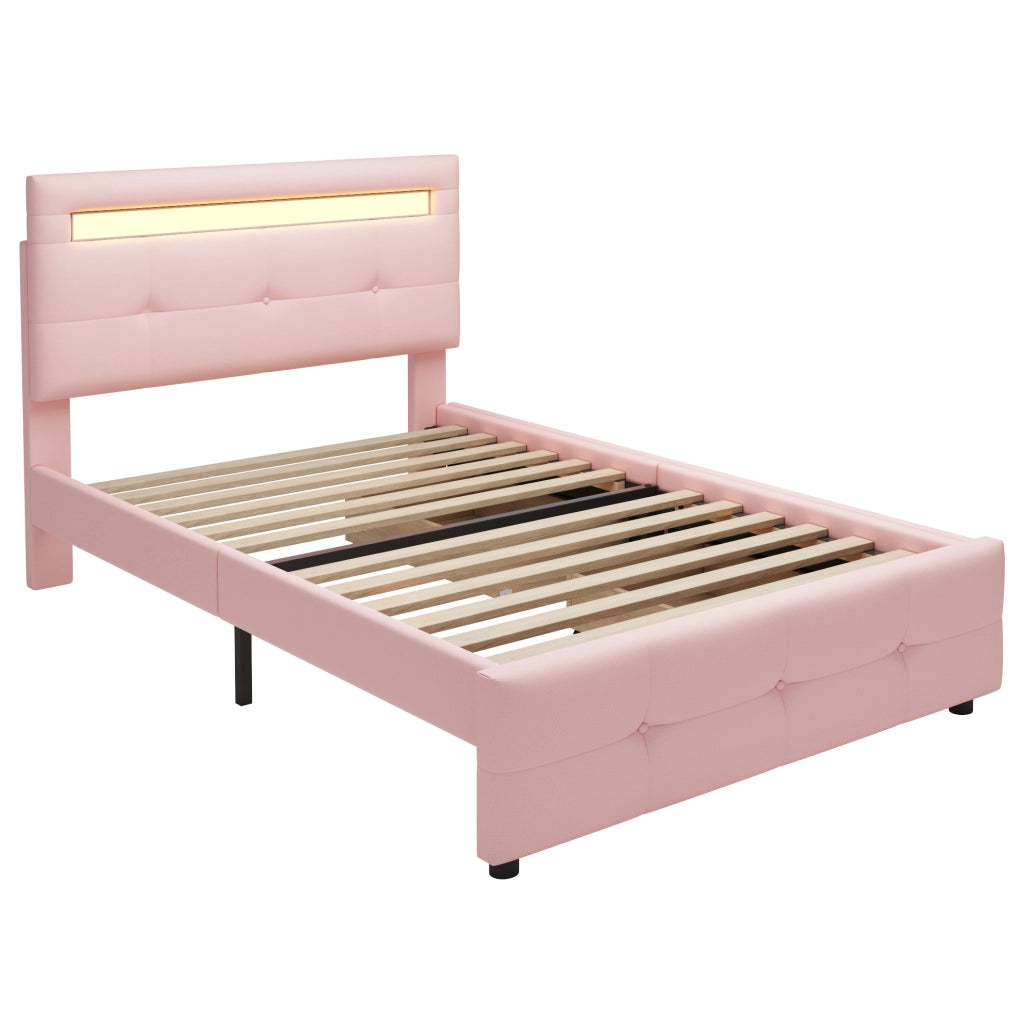 Letto singolo imbottito 90x200 cm con LED e 2 cassetti rosa