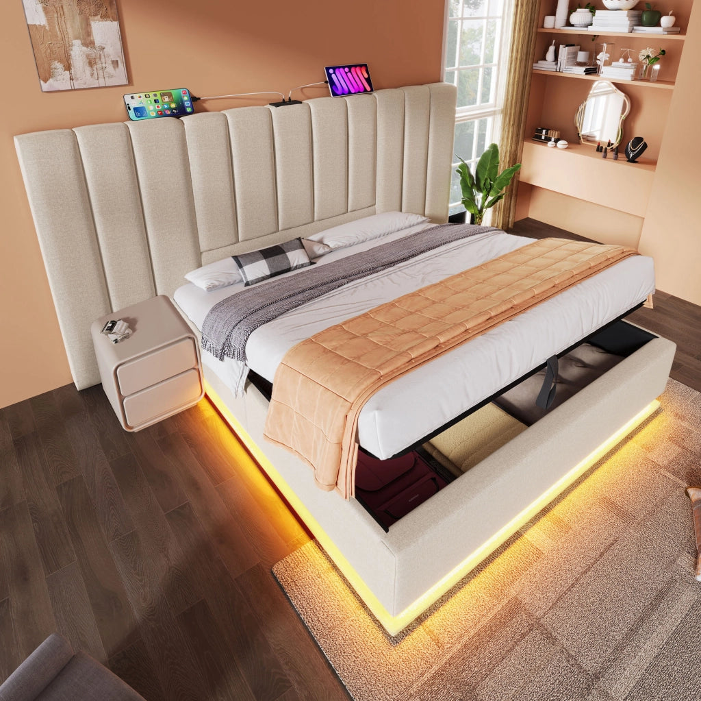 Letto matrimoniale 160x200 cm con contenitore; LED 360掳; ricarica USB e Type-C; lino beige