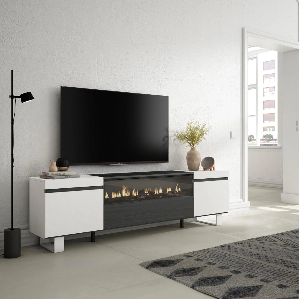 Mobile TV, 200x35x57cm, soggiorno, Per TV fino a 80", Camino elettrico, Design industriale, Bianco e nero RF2170