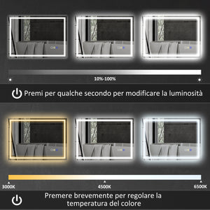 Specchio Bagno da Parete LED Antiappannamento 80x100 cm Speaker Bluetooth e Pulsanti Touch in Vetro Temperato