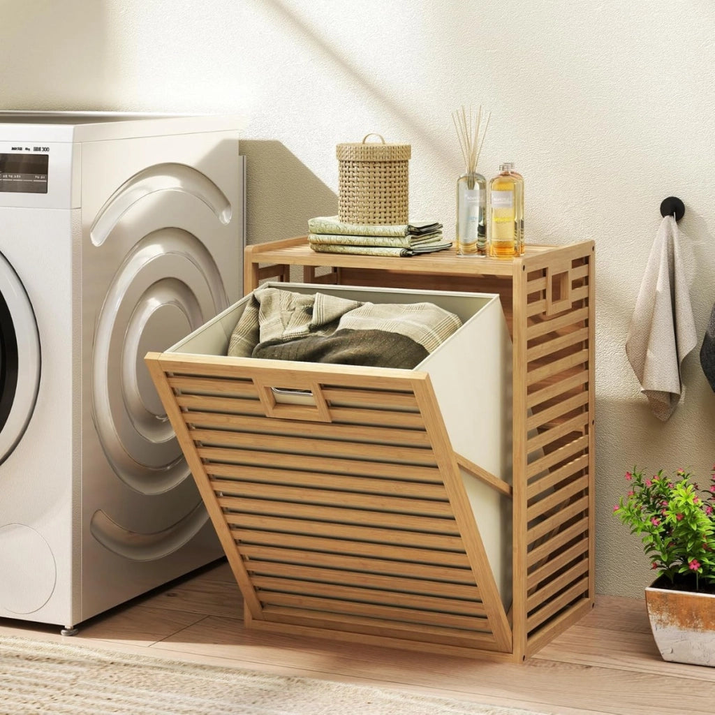 Cesto per la biancheria con design inclinabile, Cesto di tessuto rimovibile e pieghevole Naturale-Cesti del bucato