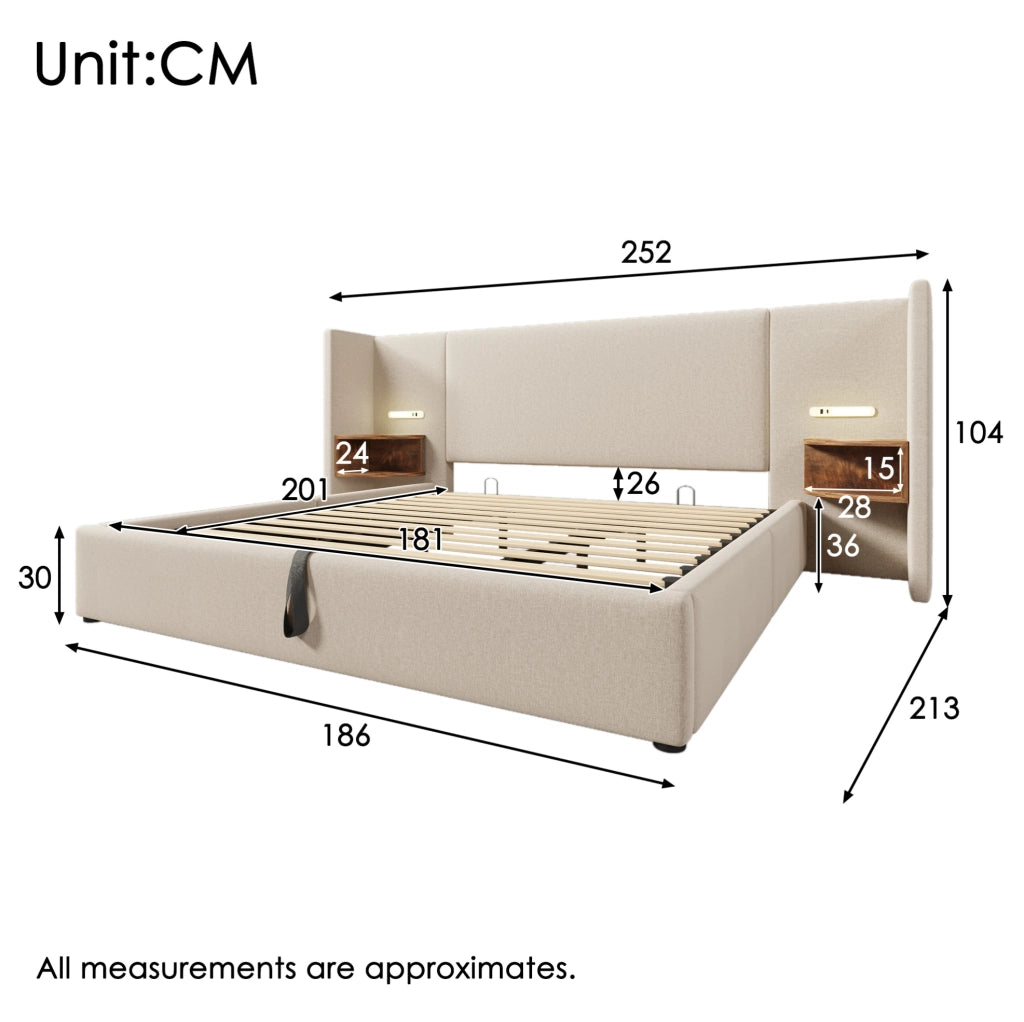 Letto contenitore 180x200 cm beige con luci e ricarica USB-C
