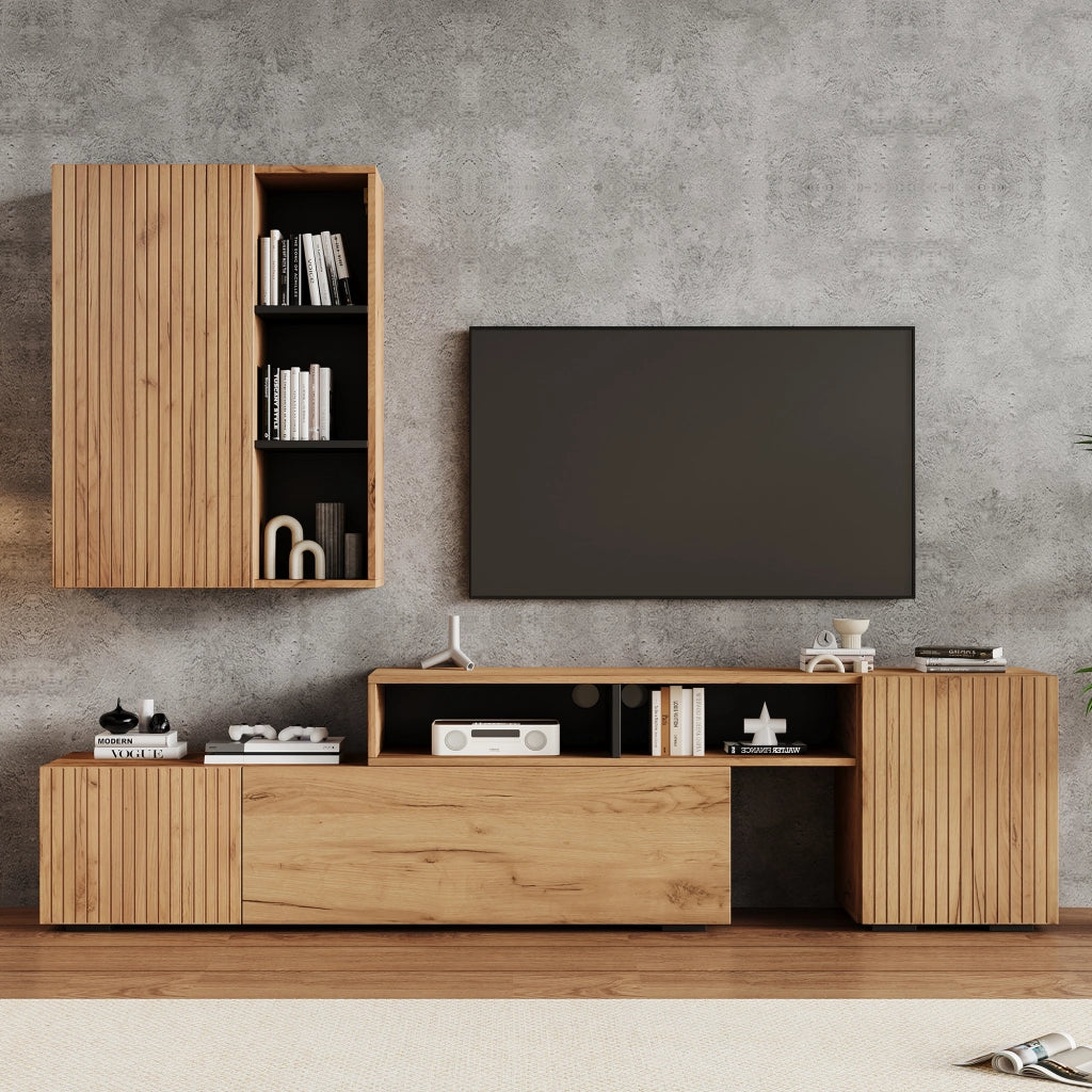 Mobile porta TV con pensile 4 ante e 2 vani aperti lunghezza regolabile finitura rovere e nero per soggiorno