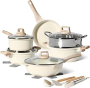 Set di pentole ad induzione - Per Tutti i Forni - Antiaderente con Coperchio in Vetro - Antiaderente - Pentole Senza PFOA - PFAS (Beige)