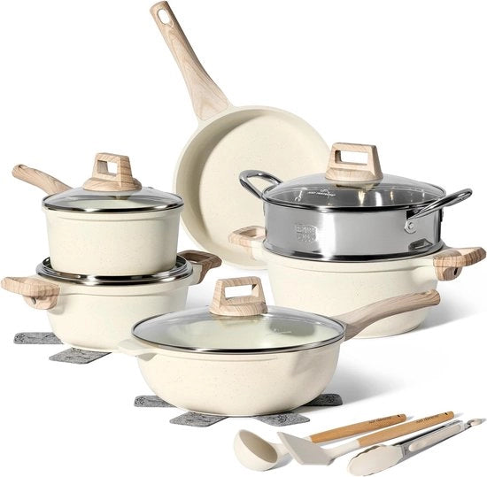 Set di pentole ad induzione - Per Tutti i Forni - Antiaderente con Coperchio in Vetro - Antiaderente - Pentole Senza PFOA - PFAS (Beige)