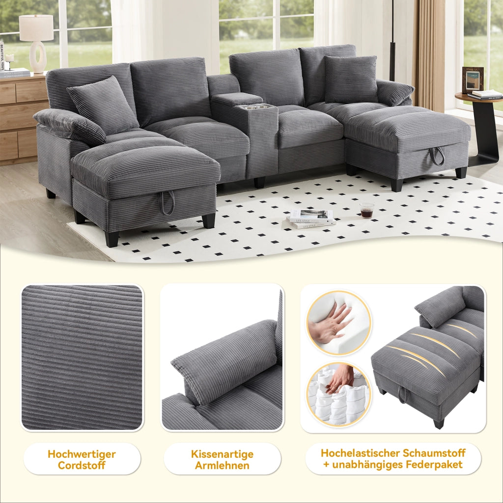 DIVANO U 293x142x93 cm grigio in velluto a coste 4-5 posti