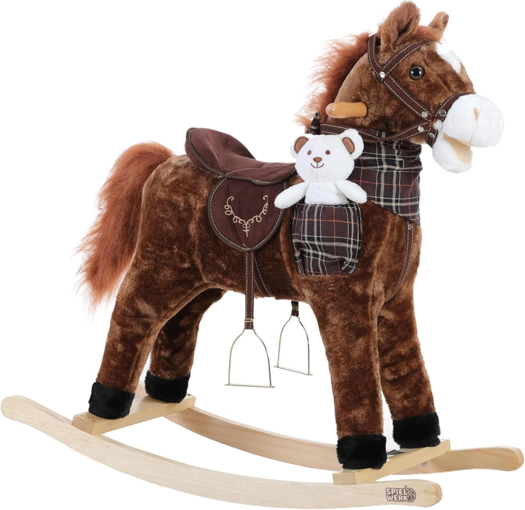 DEUBA® Cavallo Peluche a Dondolo in Legno con Suoni Animale a dondolo Giochi Infanzia Gioco Bambini Giocattolo Regalo