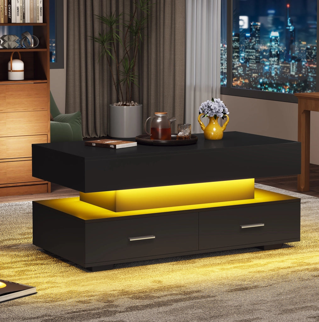 Tavolino da salotto nero idraulico con LED Bluetooth, 2 cassetti, 100x50x44 cm
