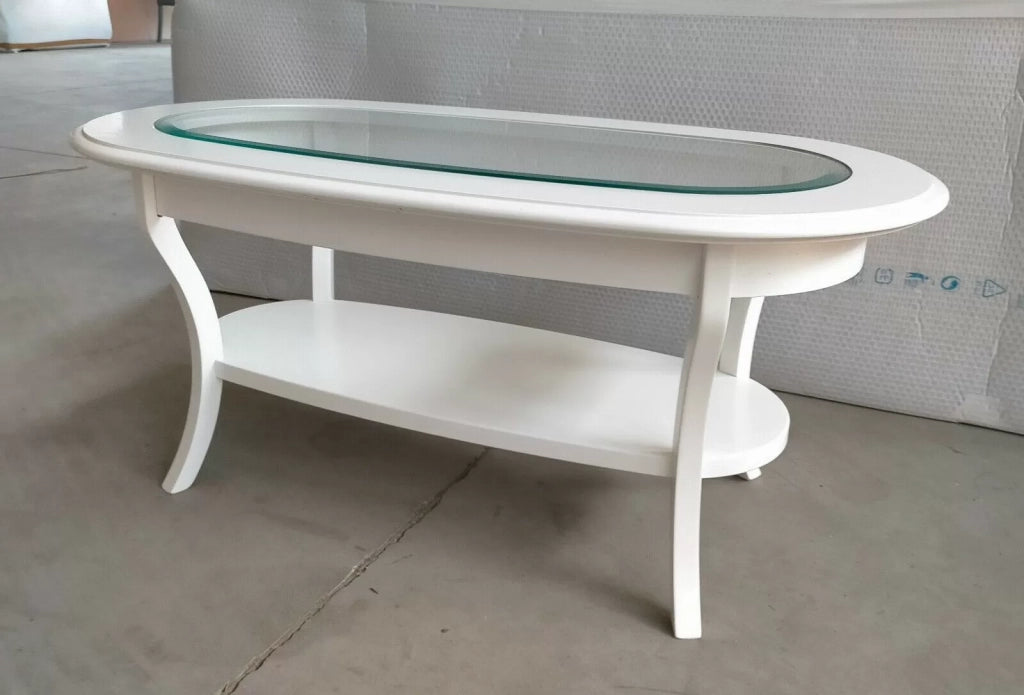 Tavolino classico ovale piano vetro shabby bianco l.110 p.60 h.48 - Mobili 2G