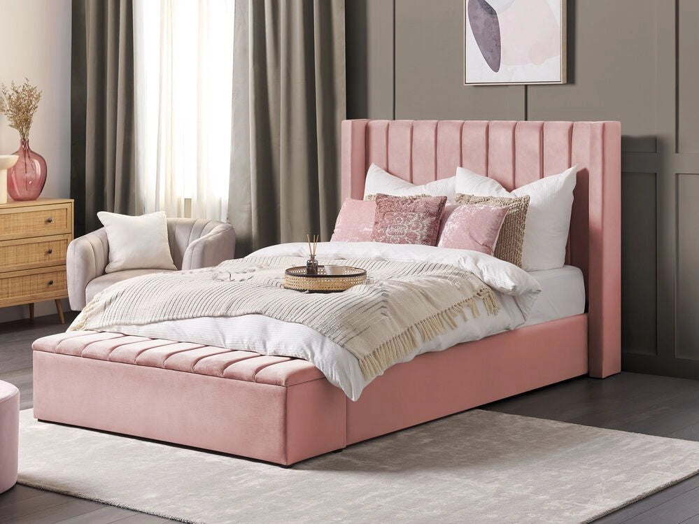 Letto velluto di colore rosa rete a doghe e cassapanca 140 x 200 cm camera da letto